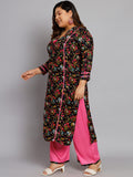 Women Plus Size Black & Pink Floral Printed Kurta with Palazzo