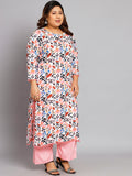Women Plus Size White & Pink Printed Kurta with Palazzo