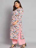 Women Plus Size White & Pink Printed Kurta with Palazzo