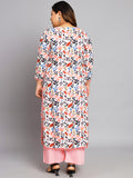 Women Plus Size White & Pink Printed Kurta with Palazzo