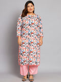 Women Plus Size White & Pink Printed Kurta with Palazzo