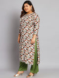 Women Plus Size White & Orange Floral Printed Kurta with Palazzo