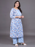 Women Plus Size Sky Blue Floral Pritned Pure Cotton Kurta With Palazzo & Dupatta