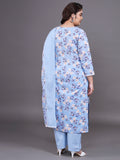 Women Plus Size Sky Blue Floral Pritned Pure Cotton Kurta With Palazzo & Dupatta