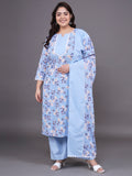 Women Plus Size Sky Blue Floral Pritned Pure Cotton Kurta With Palazzo & Dupatta