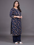 Women Plus Size Navy Blue Pritned Pure Cotton Kurta & Palazzo With Dupatta