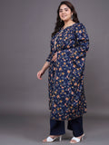 Women Plus Size Navy Blue Pritned Pure Cotton Kurta & Palazzo With Dupatta