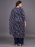 Women Plus Size Navy Blue Pritned Pure Cotton Kurta & Palazzo With Dupatta