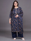 Women Plus Size Navy Blue Pritned Pure Cotton Kurta & Palazzo With Dupatta