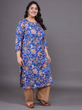 Women Plus Size Blue Floral Pritned Pure Cotton Kurta & Palazzo With Dupatta