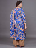 Women Plus Size Blue Floral Pritned Pure Cotton Kurta & Palazzo With Dupatta