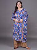 Women Plus Size Blue Floral Pritned Pure Cotton Kurta & Palazzo With Dupatta