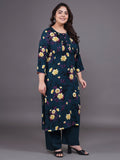 Women Plus Size Navy Floral Printed Kurta & Palazzo With Dupatta
