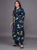 Women Plus Size Navy Floral Printed Kurta & Palazzo With Dupatta