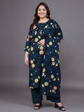 Women Plus Size Navy Floral Printed Kurta & Palazzo With Dupatta