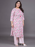 Women Plus Size Pink Floral Pritned Pure Cotton Kurta & Palazzo With Dupatta