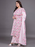 Women Plus Size Pink Floral Pritned Pure Cotton Kurta & Palazzo With Dupatta