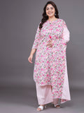 Women Plus Size Pink Floral Pritned Pure Cotton Kurta & Palazzo With Dupatta