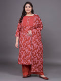 Women Plus Size Maroon Pritned Pure Cotton Kurta & Palazzo with Dupatta