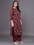 Women Plus Size Maroon Floral Pritned Pure Cotton Kurta & Palazzo with Dupatta