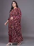 Women Plus Size Maroon Floral Pritned Pure Cotton Kurta & Palazzo with Dupatta