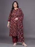 Women Plus Size Maroon Floral Pritned Pure Cotton Kurta & Palazzo with Dupatta