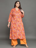 Women Plus Size Orange Floral Printed Pure Cotton Kurta & Palazzo