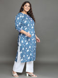 Women Plus Size Blue Floral Printed Pure Cotton Kurta Palazzo with Dupatta