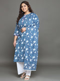 Women Plus Size Blue Floral Printed Pure Cotton Kurta Palazzo with Dupatta