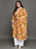 Women Plus Size Yellow Floral Printed Pure Cotton Kurta Palazzo with Dupatta