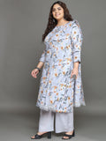 Women Plus Size Grey Printed Pure Cotton Kurta & Palazzo with Dupatta