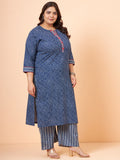 Women Plus Size Indigo Dot Printed Pure Cotton Kurta with Palazzo