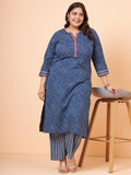 Women Plus Size Indigo Dot Printed Pure Cotton Kurta with Palazzo