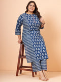 Women Plus Size Indigo Printed Pure Cotton Kurta with Palazzo
