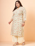 Women Plus Size Cream Floral Printed Rayon Kurta & Palazzo
