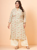 Women Plus Size Cream Floral Printed Rayon Kurta & Palazzo