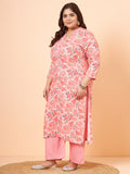 Women Plus Size Peach Floral Printed Kurta & Palazzo
