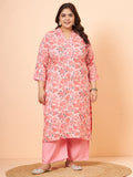 Women Plus Size Peach Floral Printed Kurta & Palazzo
