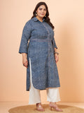 Women Indigo Striped Pure Cotton Shirt Style Kurta with Palazzo