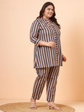 Women Plus Size Pure Cotton Blue Printed Shirt with Pyjama Co-Ord Set