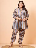 Women Plus Size Pure Cotton Blue Printed Shirt with Pyjama Co-Ord Set