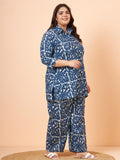 Women Plus Size Pure Cotton Blue Printed Shirt with Palazzo Co-Ord Set