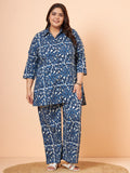 Women Plus Size Pure Cotton Blue Printed Shirt with Palazzo Co-Ord Set