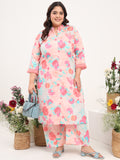 Women Plus Size Cotton Satin Peach Floral Printed Kurta with Palazzo