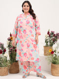 Women Plus Size Cotton Satin Peach Floral Printed Kurta with Palazzo