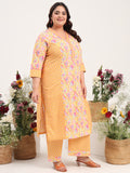 Women Plus Size Pure Cotton Yellow Floral Printed Kurta with Palazzo