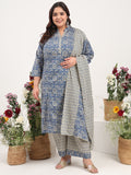 Women Plus Size Blue Printed Pure Cotton Kurta Palazzo with Dupatta