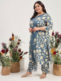Women Plus Size Grey Floral Printed Pure Cotton Kurta with Palazzo