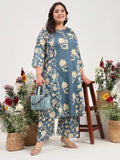 Women Plus Size Grey Floral Printed Pure Cotton Kurta with Palazzo