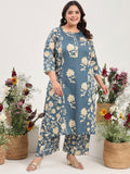 Women Plus Size Grey Floral Printed Pure Cotton Kurta with Palazzo